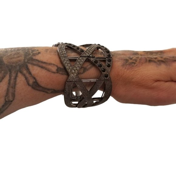 Dark Silver Black Crystals Rhinestone Woven Hollow Out Cuff Bangle Bracelet - Picture 7 of 12